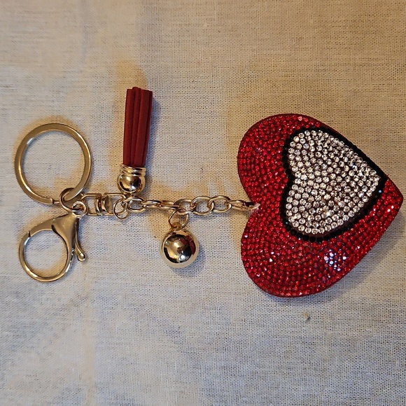 Red & Silver Rhinestone Double Heart Keychain or Purse Charm with Tassel, NWOT - Picture 1 of 1